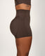 Brown athletic shorts worn by a person on a light gray background
