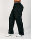 Black cargo pants worn by a person on a white background